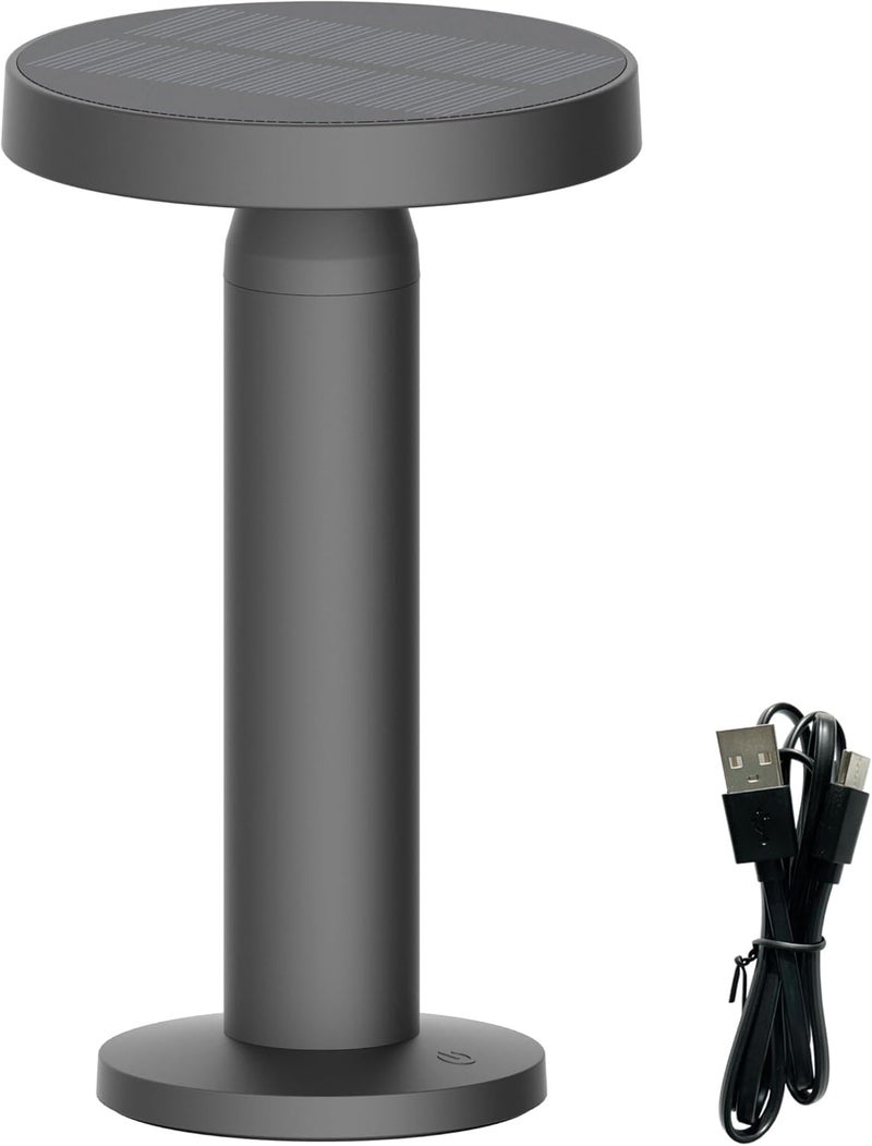 VerLuce Round Solar Table Lamp – Portable LED Light with USB-C Charging & Solar Panel – Waterproof, Stepless Dimming for Outdoor/Indoor Use – Black, 1 Pack - Image 1